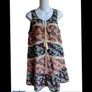 NWT Entro Boho Floral Patchwork Dress Front Tie Lined Size Small